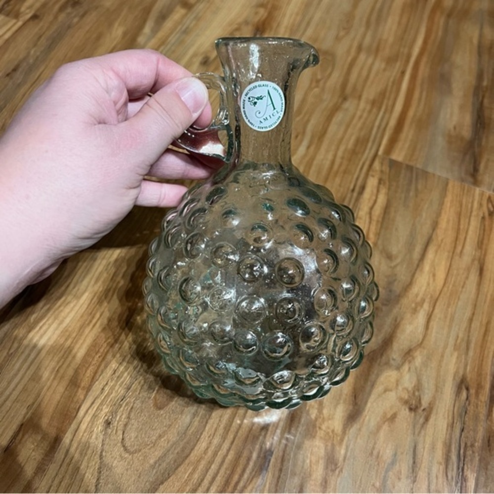 Amici‎ 100% Handmade Recycled Glass Hobnail Pouring Jug Pitcher 8" Tall Retro